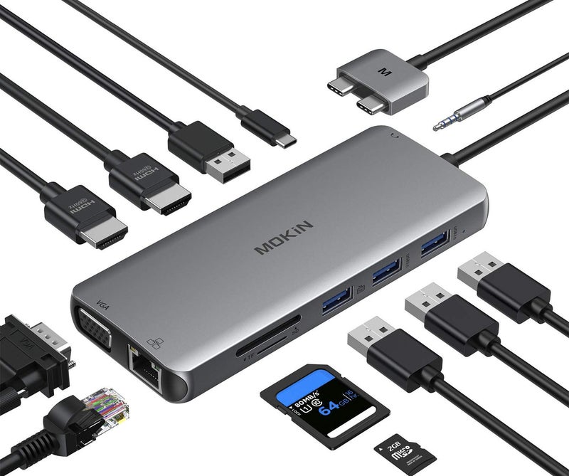 Mokin MacBook Pro Docking Station Dual Monitor HDMI Adapter,12 in 1 USB C Adapters for MacBook Pro Air Mac HDMI Dock Dongle Dual USB C to DualHDMI VGA Ethernet AUX 4USB SD/TF100W PD - Image 1